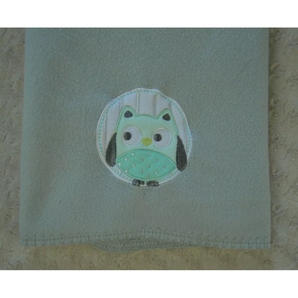 Garanimals Owl Baby Blanket Gray Fleece Aqua Blue White Circle Dot Stitched Edge